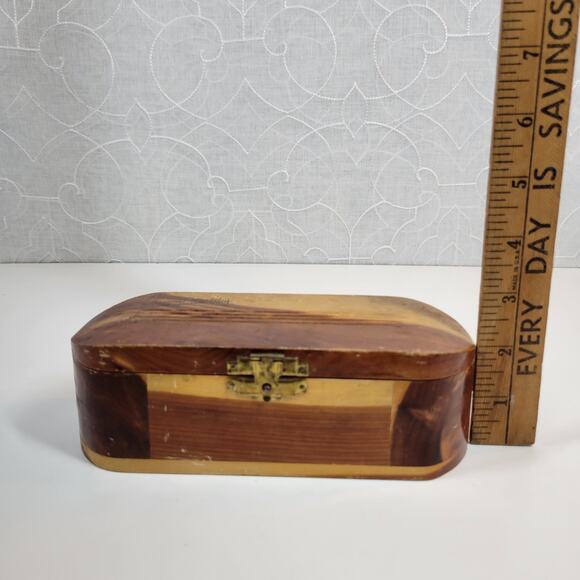 Vintage Mango Wood Box Two Tone Brown Trinket Jewelry Hinged Closure Hollywood - Picture 3 of 13